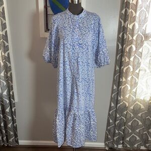 Ro’s Garden Sonia Blue Floral Button Front Puff Sleeve Midi Dress SZ Medium